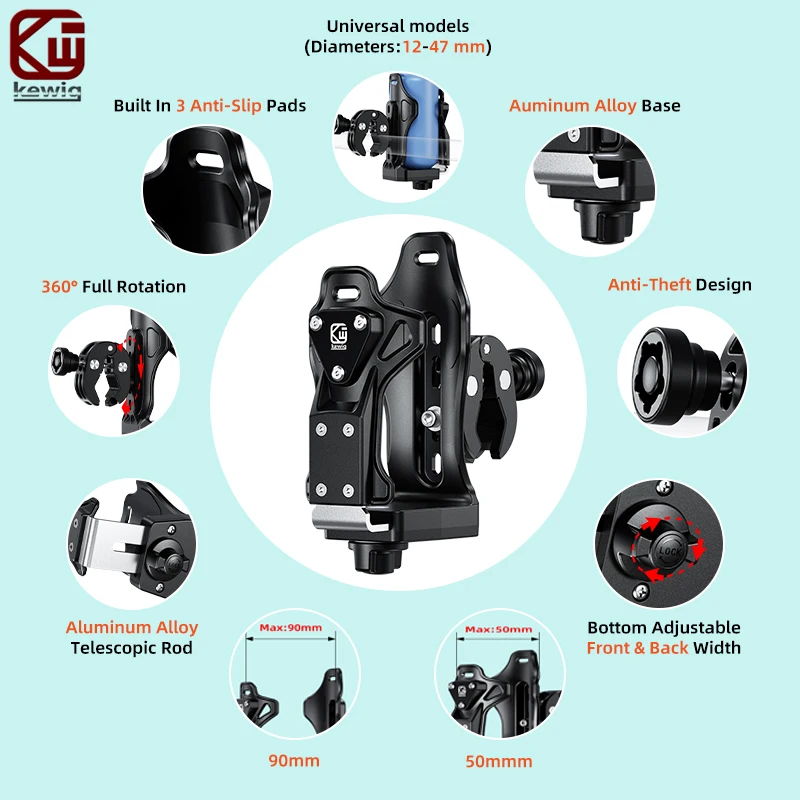 Kewig SHJ-3 Motorcycle Adjustable Cup Holder Anti-Theft Anti-Drop 360° Rotatable Drink Bottle Mount For Scooter E-Bike Bicycle