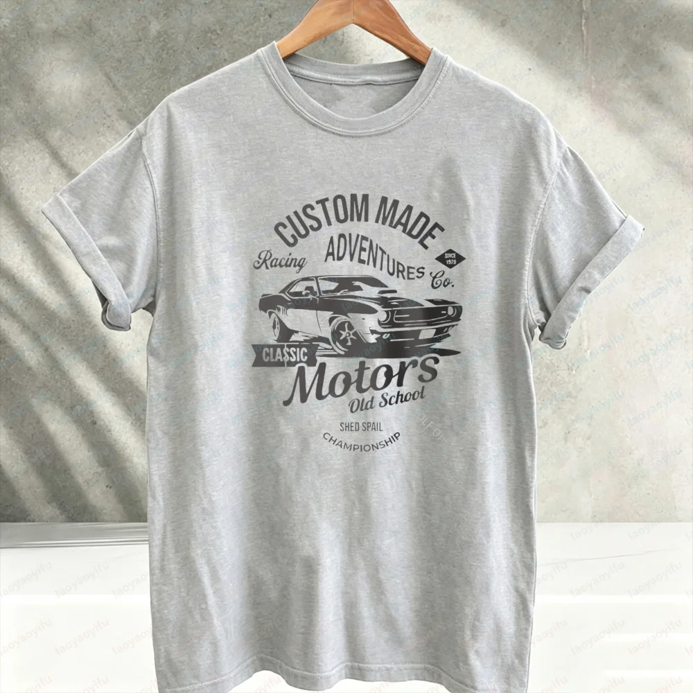 Custom Made Adventures Classic Motors Old School Muscle Car Graphic T‑Shirt Retro Racing Car Print Tee Cotton Casual Streetwear