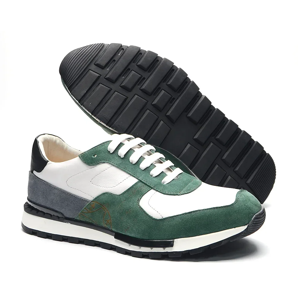 Luxury Brand Men's Sneakers Genuine Cow Suede Leather Original Lace-up Green White Oxfords Outdoor Street Casual Shoes for Men