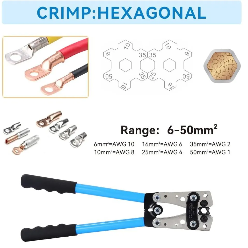 Battery Cable Lug Crimping Tool 10-1 AWG with 60Pcs Copper Ring Terminals 8 Sizes Cable Lugs Set, Heavy Duty Wire Crimper