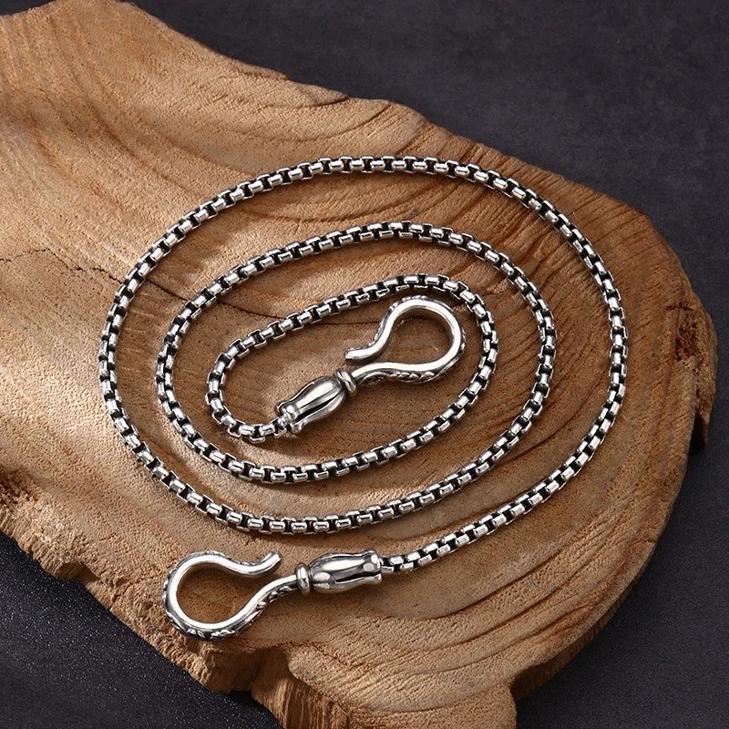 S925 Sterling Silver Box Chain 55 60CM Unisex 3MM Flower Fine Jewelry Necklace FYNE311