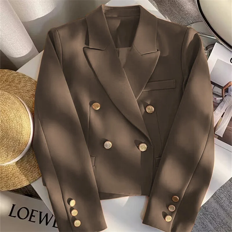 

Spring 2026 Women's Short Casual Suit Jacket Coffee Color Versatile Trendy Street Style Small Size Polyester Fabric