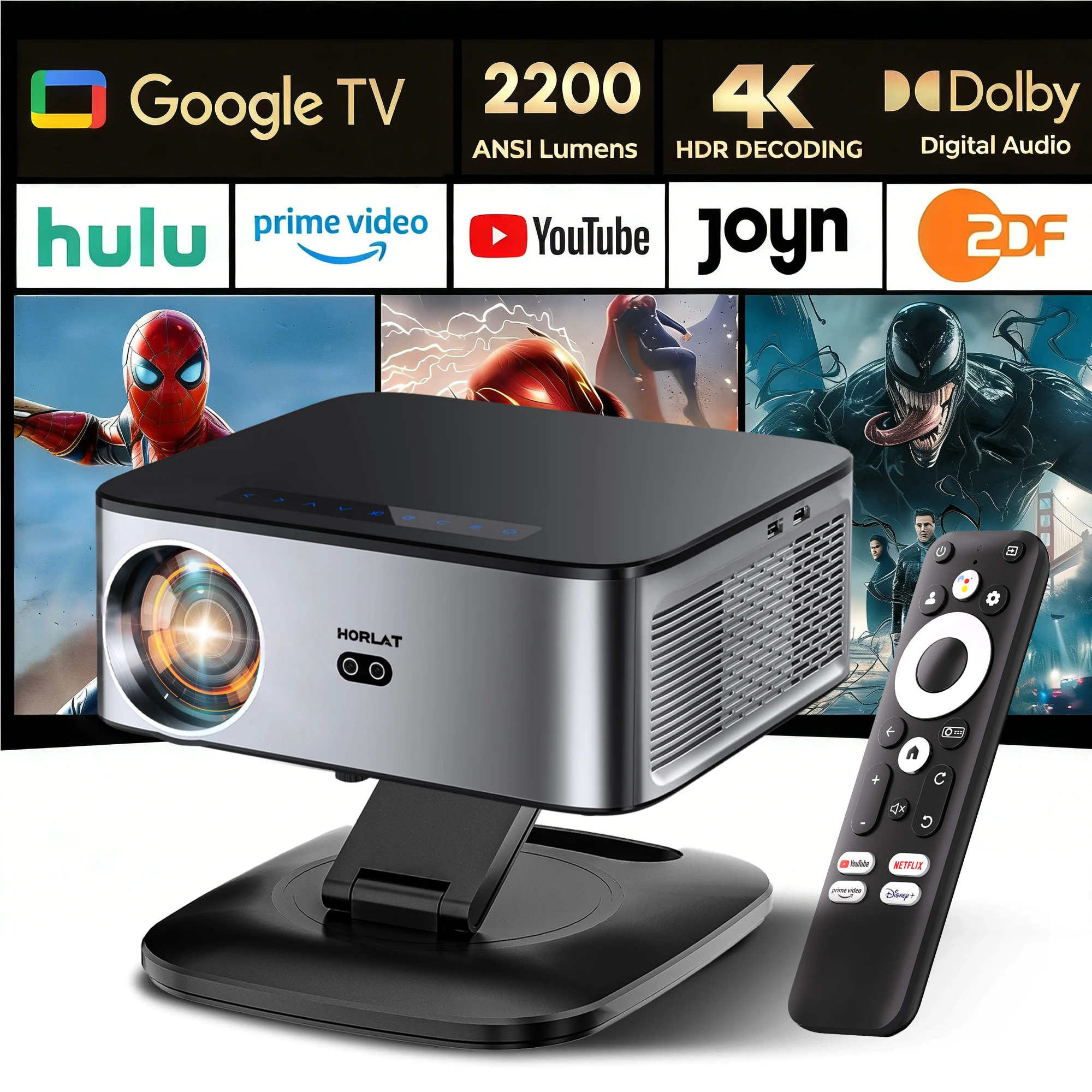 Projecteur Google TV HORLAT 2026, 2200 ANSI Lumen, projecteur intelligent 4K UHD, mise au point automatique, lumière du jour, cinéma maison, Full HD 1080p, commande vocale