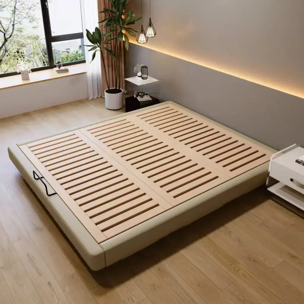 All-solid wood beds, beech ribbed frames, floating bed without headboards, small apartments, light luxury cream-style edge-leng