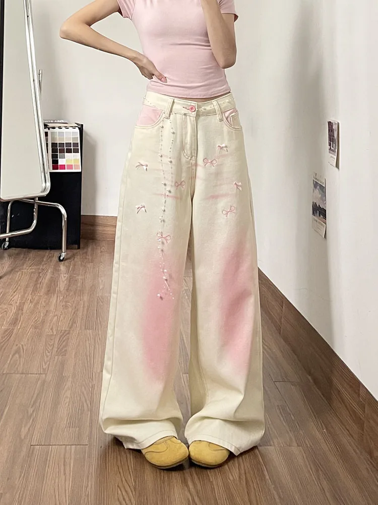 

Stylish Gradient Pink Bow Embroidered Denim Pants Women Korean Sweet Casual High Waist Straight Jeans 2026 New Loose Trousers