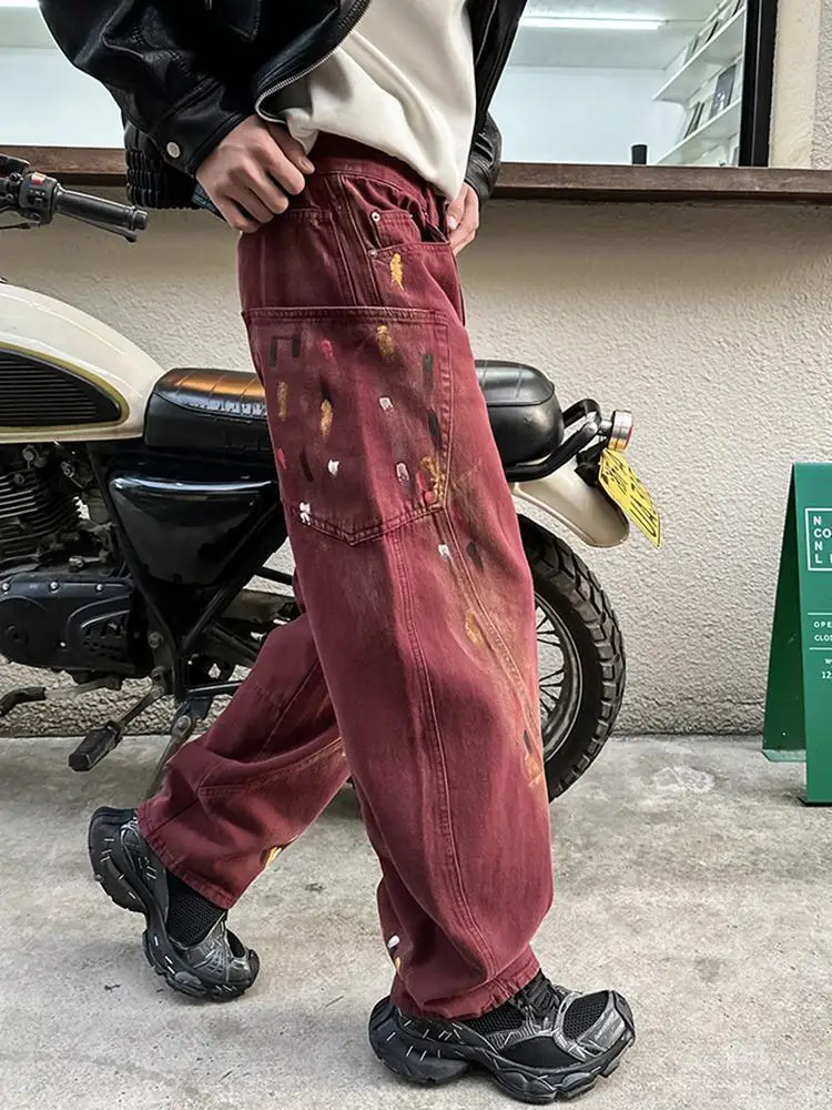 2025, Frühjahr und Sommer, neue High-End-Machete-Jeans mit Rotbemalung, gerade, lockere amerikanische High-Street-Mode für Herren, hübsch