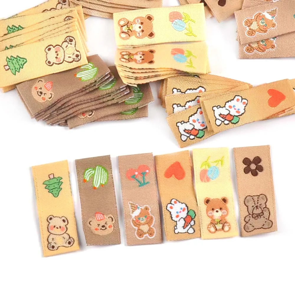 50Pcs Kawai Bear Embroidery Brown Labels For Knitted Hats Bag Shoes Sewing Garment Accessories DIY Tags Crafts Handmade Supplies