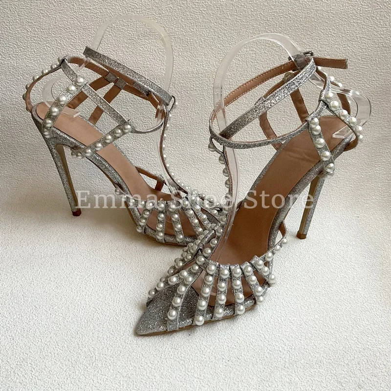 

Silver Glitter Pearl Embellished Strappy Sandals Pointed Toe High Heel Party Evening Shoes Buckle Wedding Women's Dress Shoes