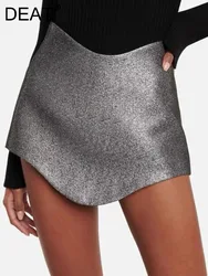 DEAT Trendy Fashion Women's Bright Silk Solid Color Mini Skirts 2024 Spring New Items High Waist Wrap Hip Skirt Female 11X3119
