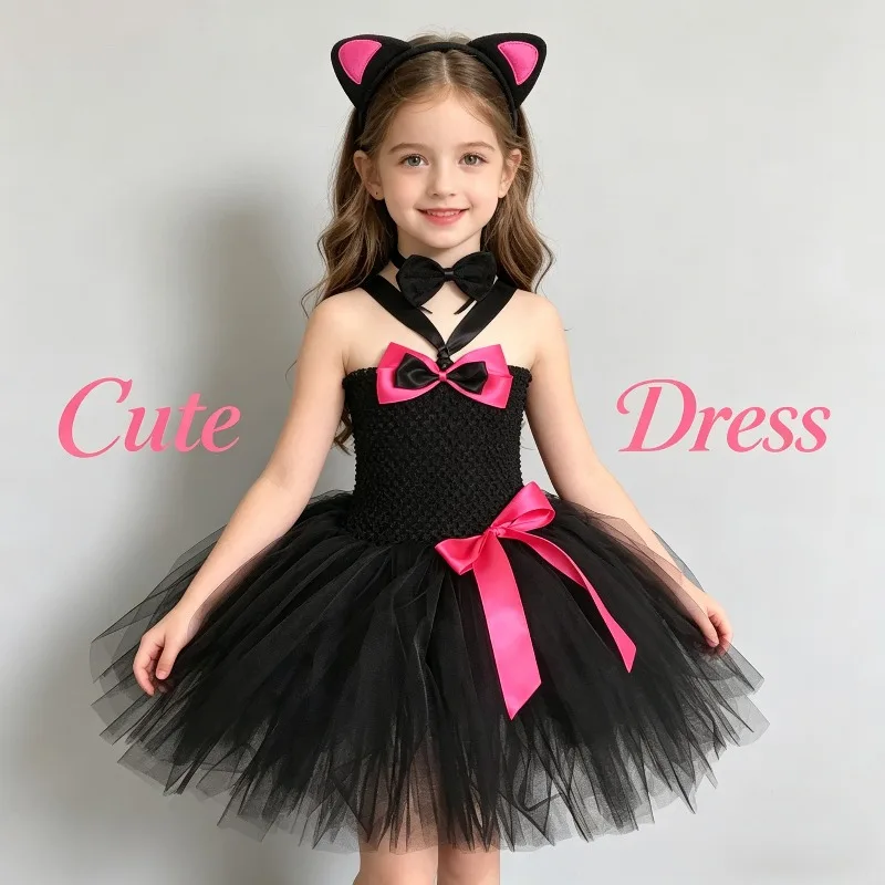 

Halloween Cat Cosplay Costume Set Fluffy Mesh Tulle Tutu Skirt With Cat Face Tattoo Stickers Party Performance Dress Up Outfit