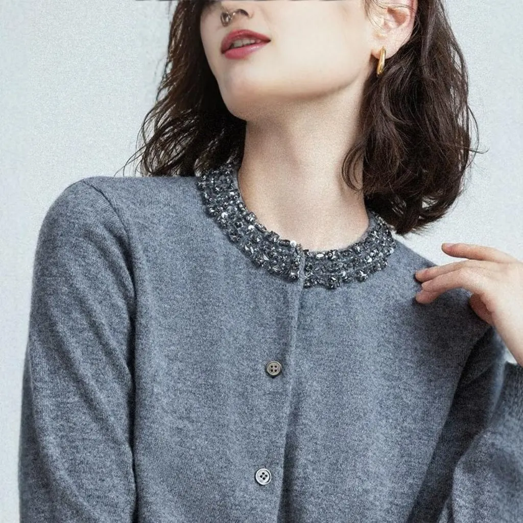 

Autumn Winter Women's Wool Knitted Cardigan Brick Collar Decoration Handmade Full Length Fashion Outerwear