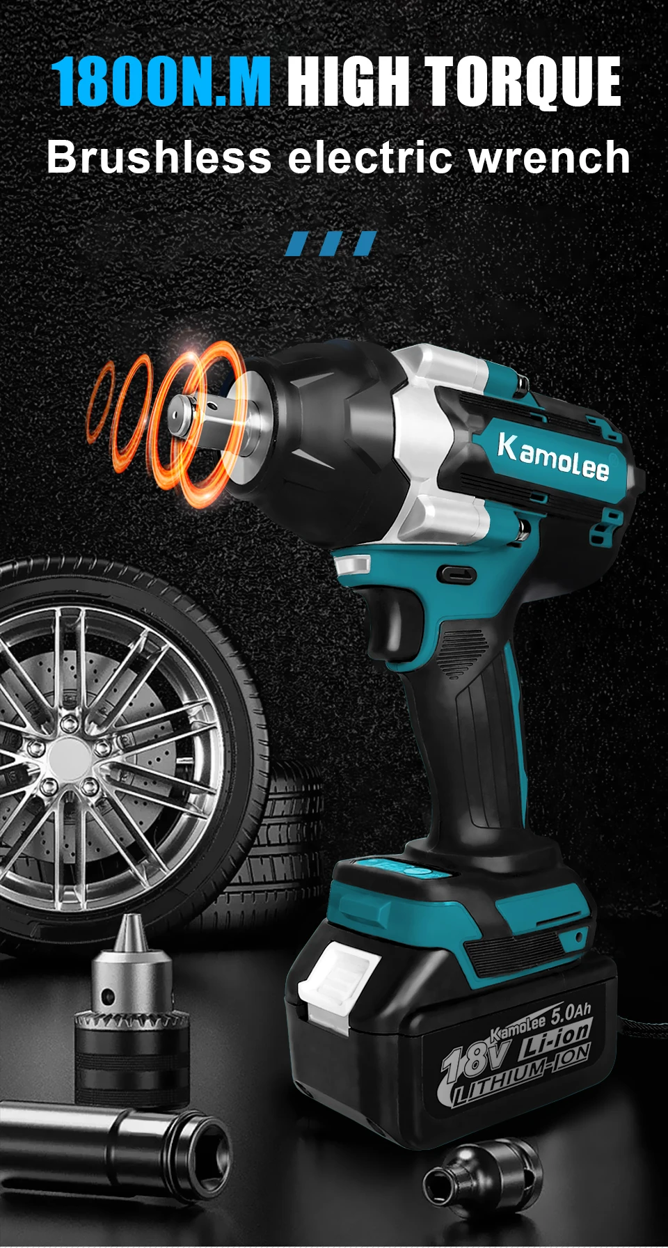Kamolee 1800 N.M 1/2 High Torque DTW700 Bürstenloser kabelloser elektrischer Schlagschrauber im Lithium-Ionen-Akku für 18-V-Akku von Makita – Detail 1