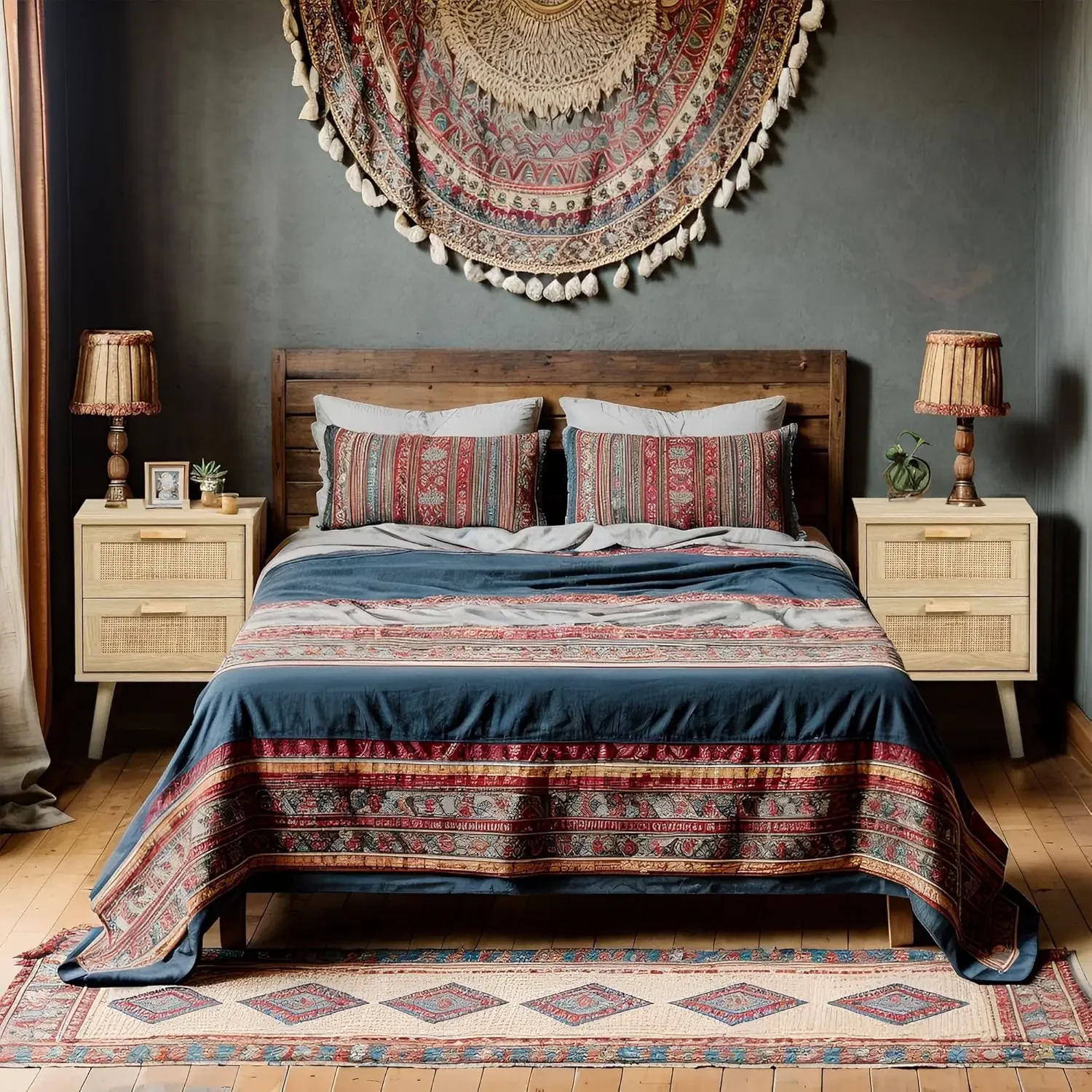 Side Table with 2 Hand Made Rattan Decorated Drawers, Nightstands Set of 2, Wood Accent Table with Storage for Bedroom, Natural,