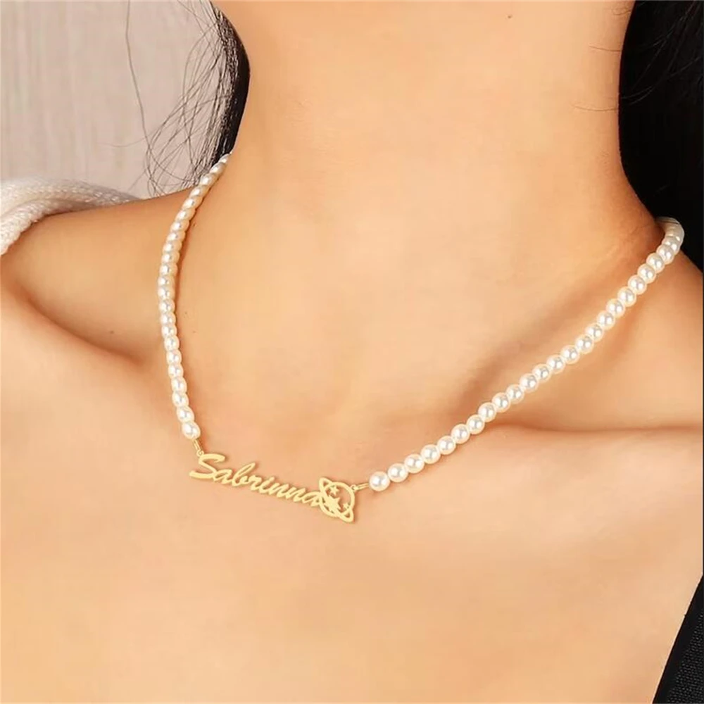 Y2K Jewelry Pearl Chain Choker Personalized Name Necklace With Saturn Orb Celestial Nameplate Stainless Steel Necklaces Women