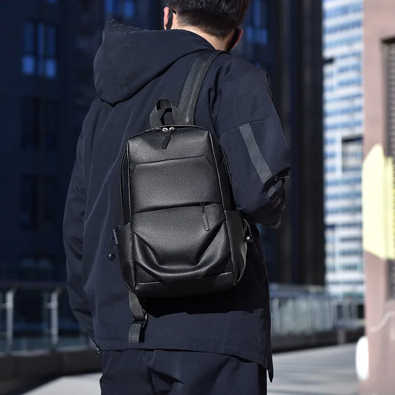 Men Black Faux Leather Mini Backpack Simple Casual Shoulder Bag Trendy European Style Small School Bag For Male