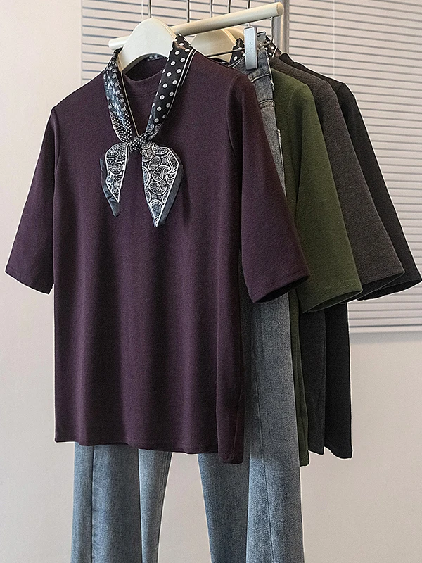Summer Slimming Women's T-Shirt with Scarf Knot Short Sleeve Base Shirt plus Size Luxury Light Korean Style Commute Fashion