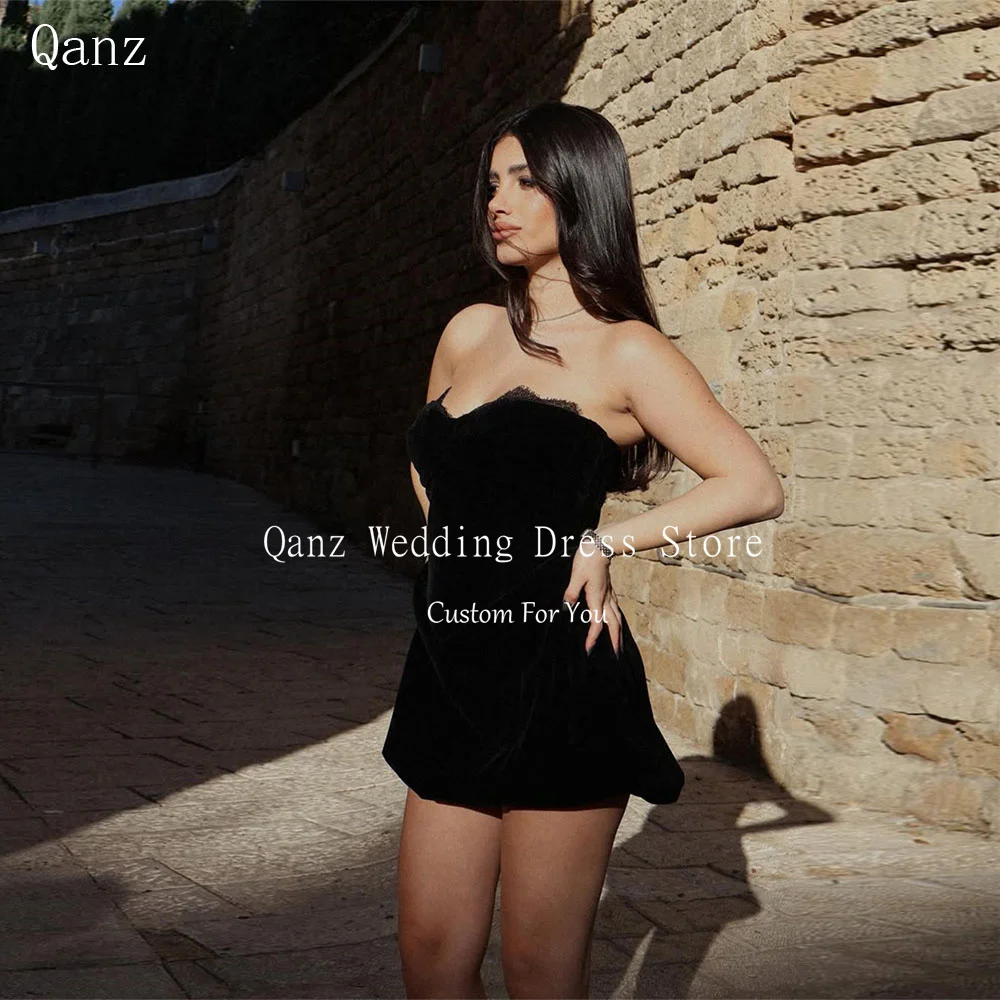 

Qanz Classical Velvet Black Prom Dresses Sleeveless Lace Mini Above Knee Corset Back Vestidos De Festa Birthday Dress Customized