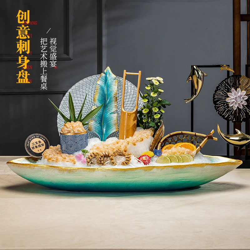 Salmon Sashimi Plate Ice Plate Seafood Posture Created Carved Fish Plate Thorn Raw Platter Dry Ice Tableware Special Plate