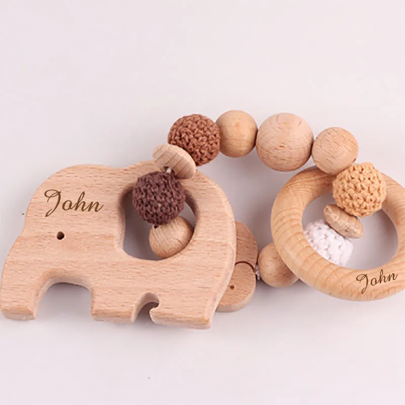 Personalized Bath Toys Set Elephant Pacifier Chain Bracelet Wooden Colored Woven Toys Baby Shower Decoration Newborn Gifts