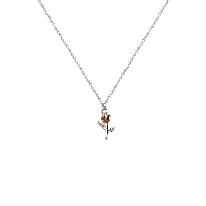 925 Sterling Silver 17.9 Inch Chain Necklace Tulip Pendant Light Luxury Trendy for Women Fashion Jewelry