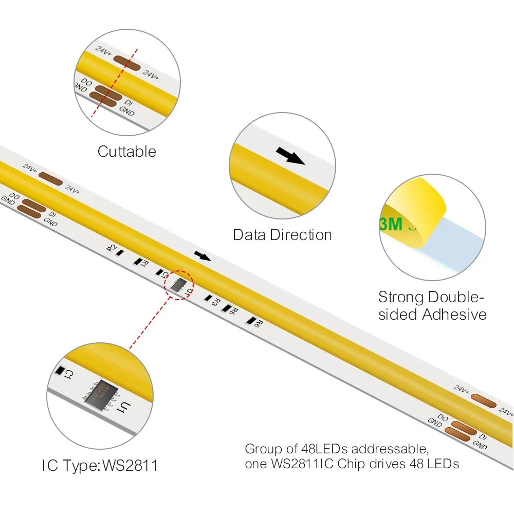 FCOB SPI DIM IC LED Light Strip Adresowalne 360LEDs 10mm 24V 60W Wysoka gęstość Elastyczne światła LED FOB COB RA90 3000K 4000K 6000K