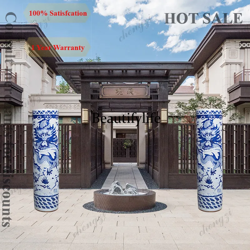 B567 Jingdezhen ceramic blue and white dragon pattern floor-to-ceiling large vase quiver living room hotel Chinese decoration
