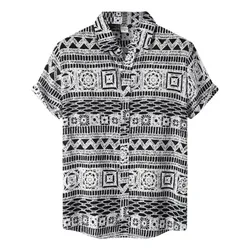 Etnische Stijl Heren Shirt Vrije Tijd Strand Ademende Knoop Shirts Buiten Street Fashion Heren Revers Hawaiian Tops Met Korte Mouwen