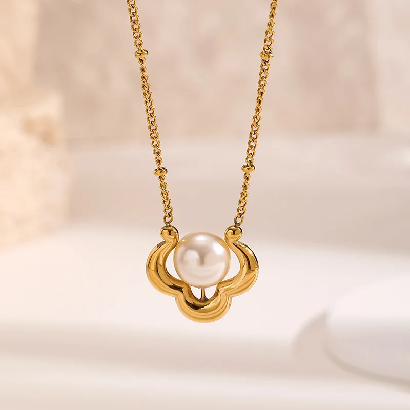 Chinese Style Lucky Auspicious Cloud Pearl Pendant Necklace For Women Gold Plated Stainless Steel Dainty Choker Blessing Jewelry