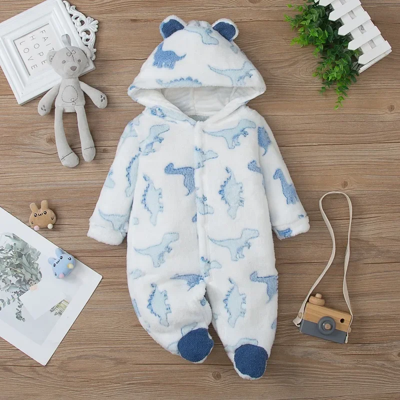 Unisex Baby Jumpsuit Winter Thickened Dinosaur Printed Standing Ear Hooded Romper Cute Padded Newborn Outwear Clothing