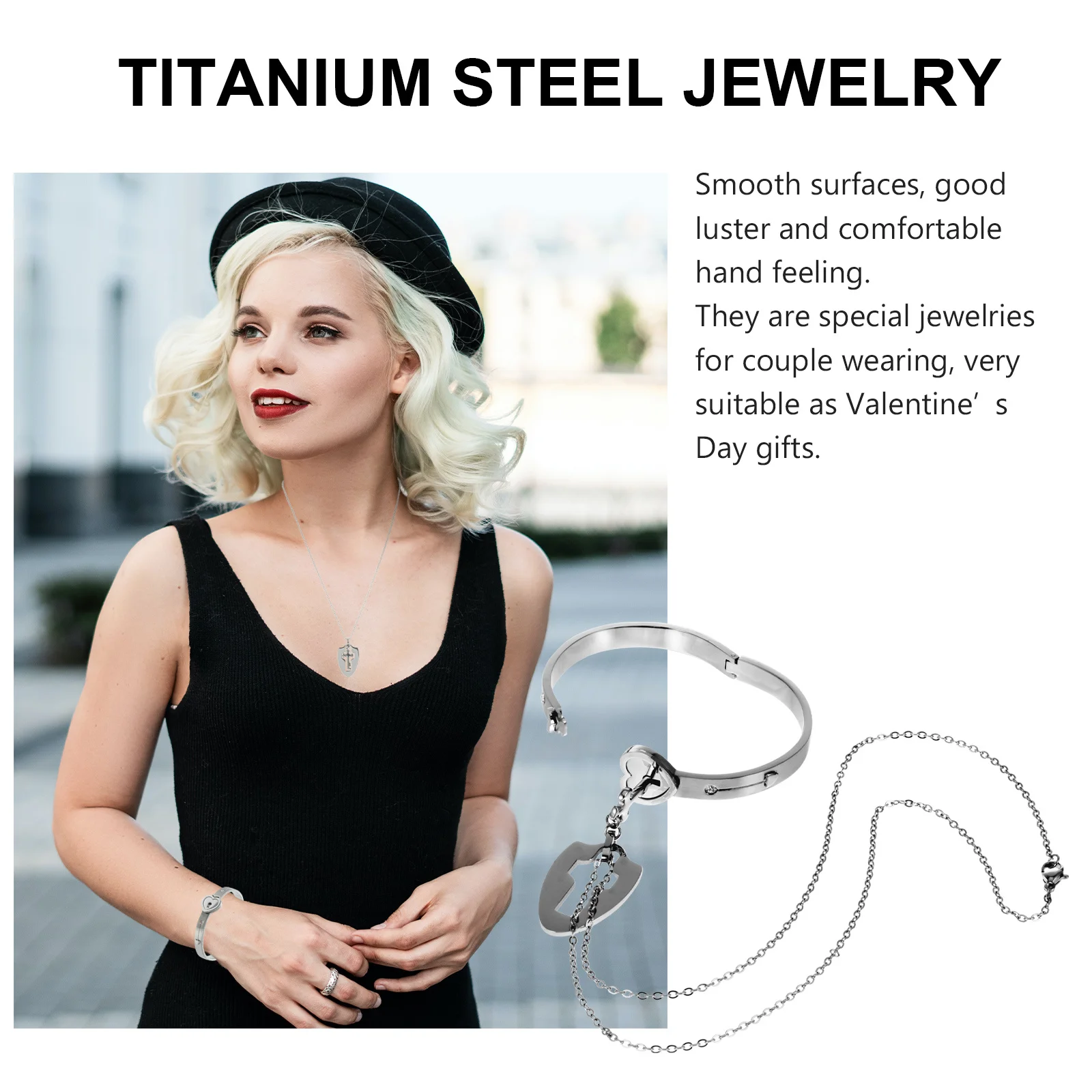 

2Pcs Couple Lock Necklace Bracelet Titanium Steel Durable Lightweight Jewelry Valentine Gift Couple Jewelry Valentine’s Gift