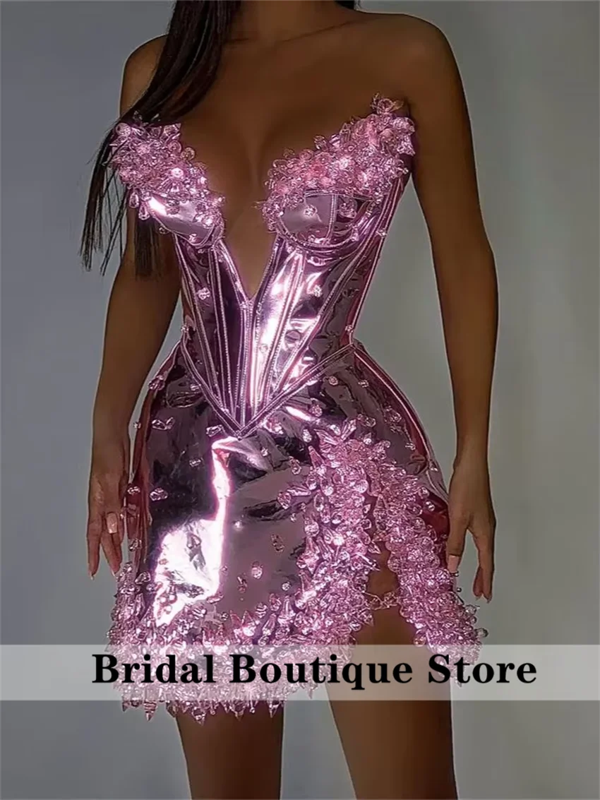 Vestido De cóctel corto De cuero plateado brillante con cuentas De cristal y diamantes De imitación, Vestidos De fiesta, vestido De cumpleaños personalizado