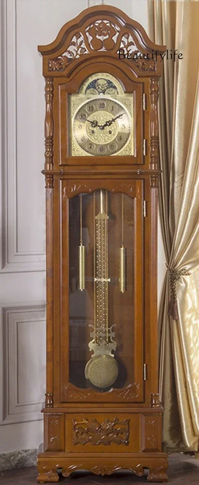 Floor clock, retro simple European solid wood hand-carved modern new Chinese living room time clock