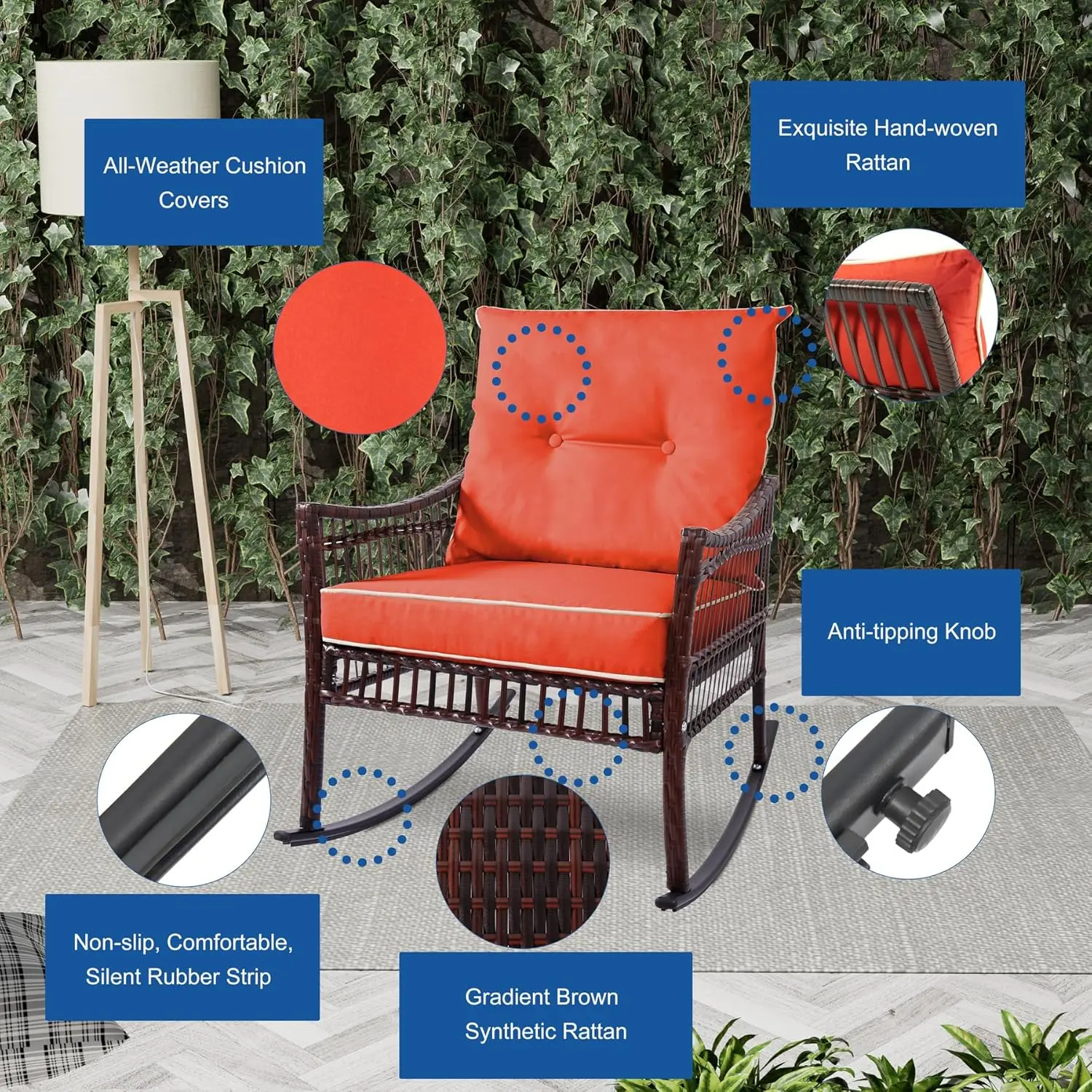 Outdoor Wicker Almofada Rocker Furniture Set, Patio Furniture Set, Rocker com mesa lateral para varanda e jardim, Piscina
