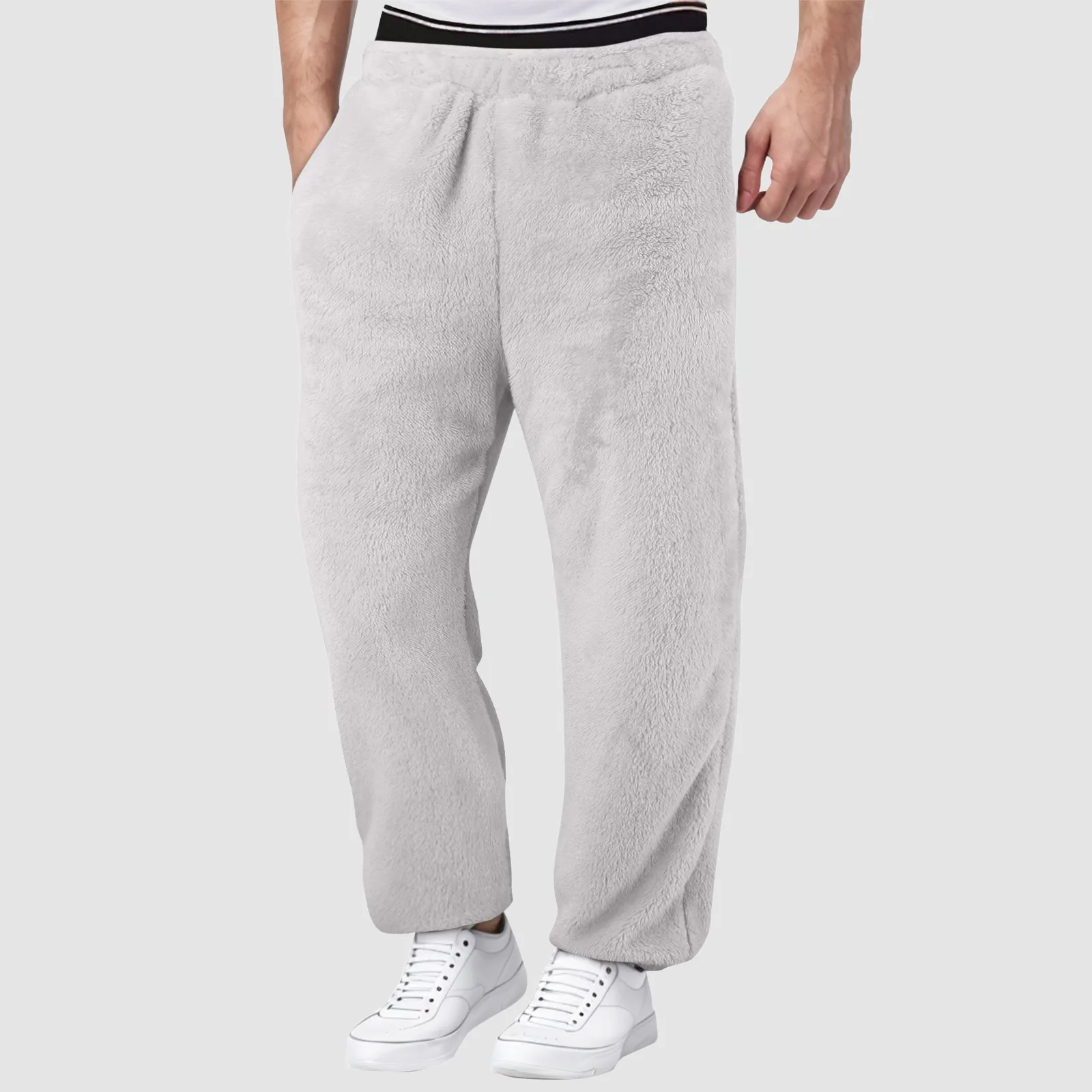 Pijamas forrados de lana para hombre, pantalones de chándal cálidos, pantalones casuales para correr, pantalones largos de entrenamiento de cintura alta con bolsillos