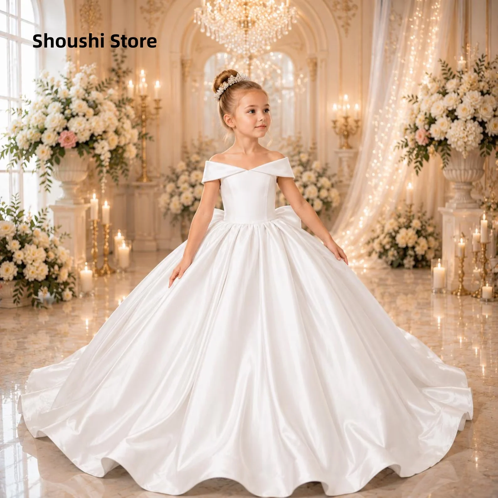 Little Girl White Satin Flower Girl Dress Off‑Shoulder Ball Gown Big Bow Back Kids Princess Wedding Party Formal Pageant Dresses