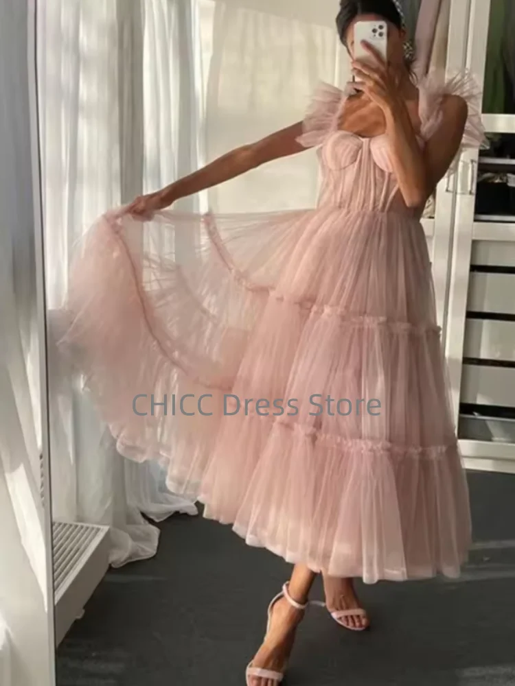 핑크 댄스 파티 드레스 스퀘어 칼라 홀터넥 A 라인 이브닝 드레스 Tull Quinceanera 드레스 우아한 Draped 생일 드레스 맞춤형