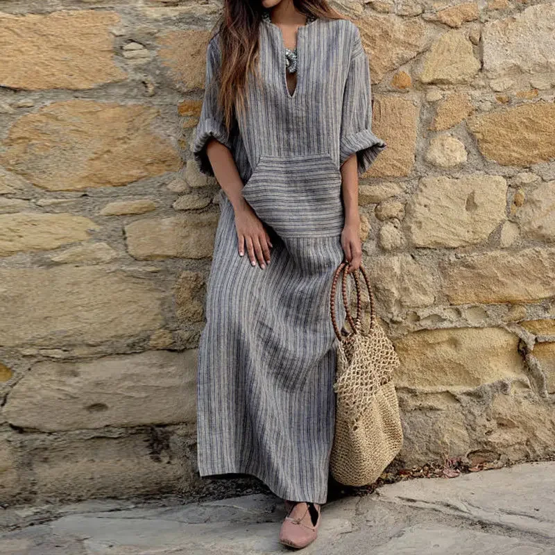 Summer Striped Y2k Long Dress Women Summer Loose Dresses Cotton High Waist Casual Long Sleeve Elegant Maxi Work Spring Vestidos