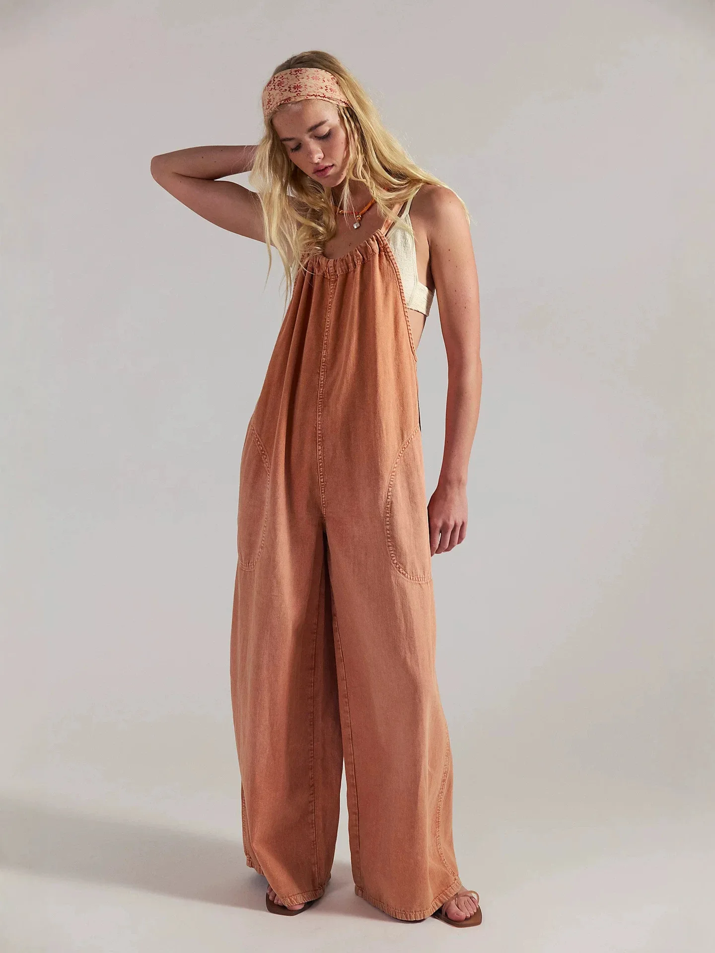 Women's Casual Loose Lace Jumpsuit Summer 2026 Spring Straight Strap Retro Washed Casual Jumpsuit