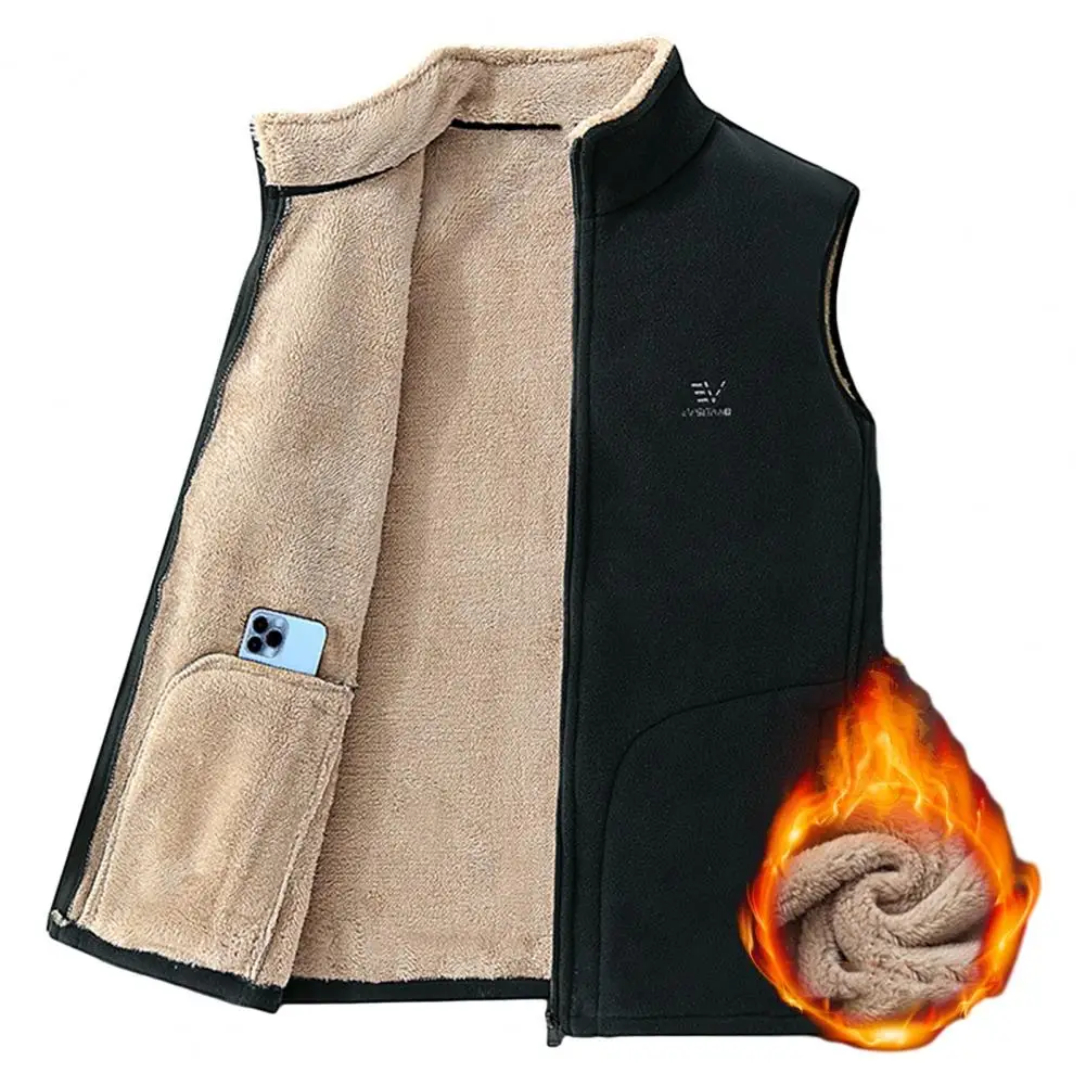 Soft Warm Men Vest Men Sleeveless Waistcoat Premium Men's Winter Vest Thick Plush Multi-pocketed Stand Collar Waistcoat for Cold