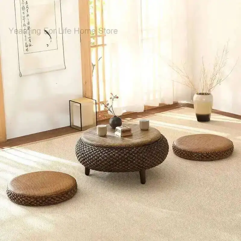 

Household Retro Rattan Coffee Table Style Japanese Simple Futon Cushion Solid Wood Window Service tables basses home furniture