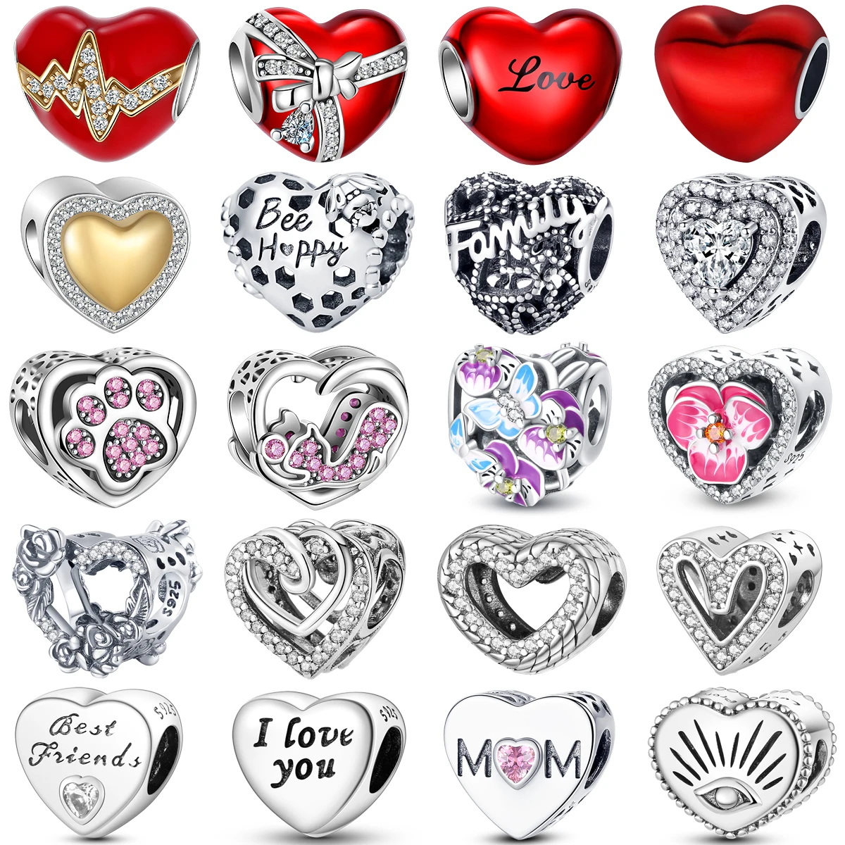 925 Sterling Silver Bee Flower Mom Family Heart series Shine Beads Fit Charms Bracelets Women DIY Jewelry