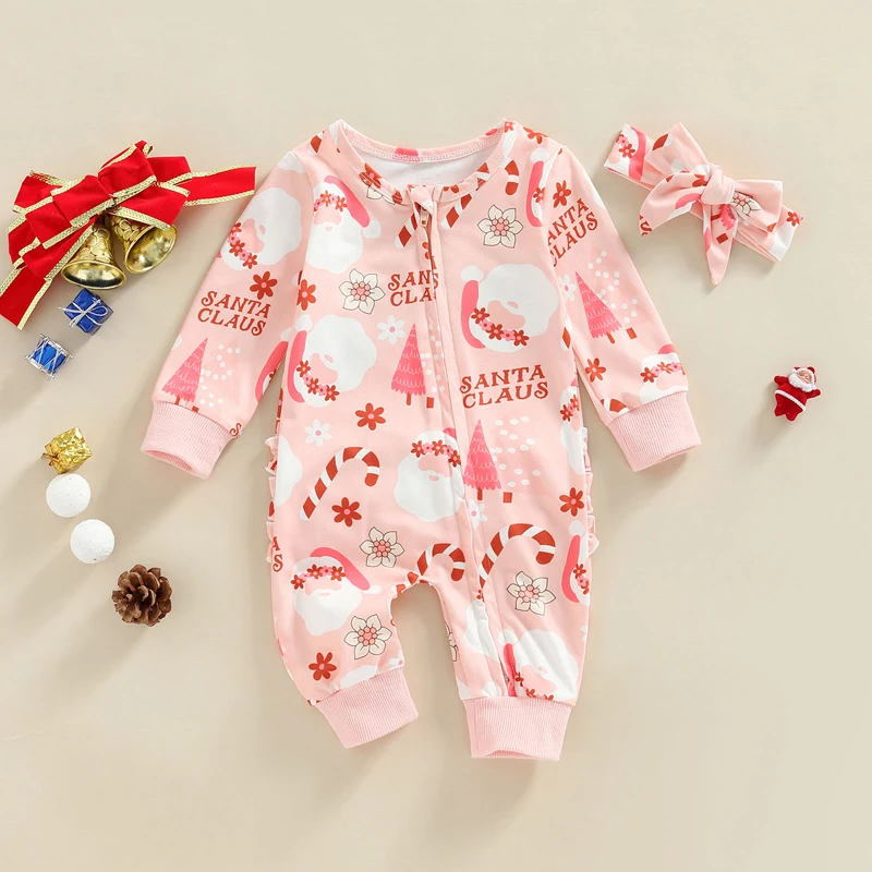 Newborn Baby Girls Christmas Jumpsuit Set Long Sleeve Gingerbread Man/Santa Claus Print Zipped Romper with Bowknot Headband