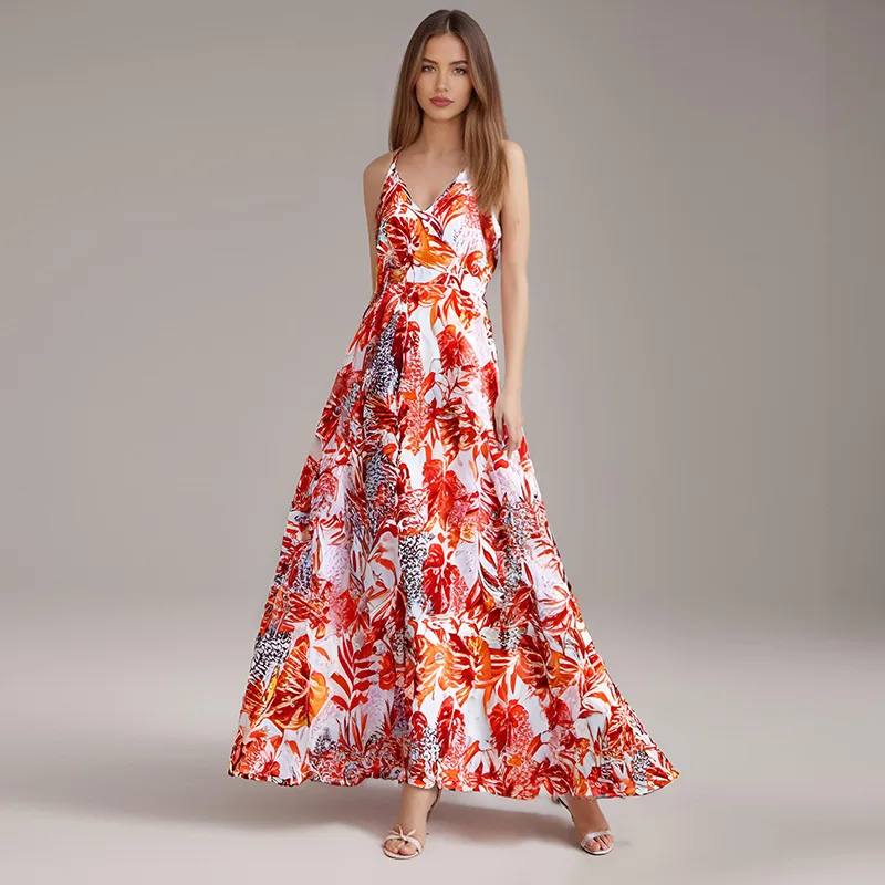 

Women's new bohemian print long dress sexy V-neck suspender dress high-end temperament elegant classic women's clothing dance c