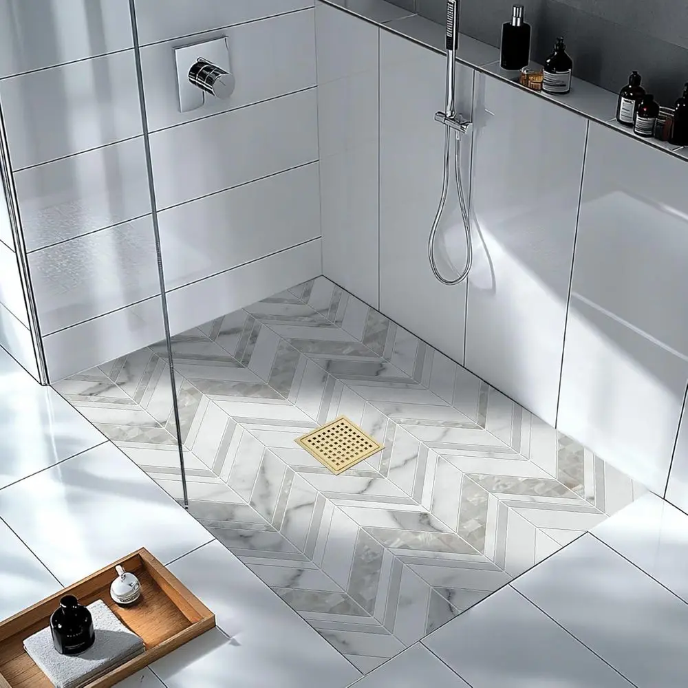 6 Inch Dual Shower Drain with Brushed Gold Square Grate, Removable Cover and Hair Filter for Bathroom, Kitchen, and Balcony