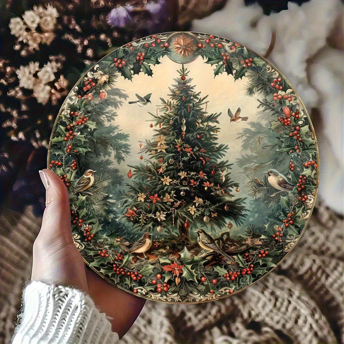 1pc Vintage Round Aluminum Wall Sign - Christmas Tree Symphony with Birds, 8