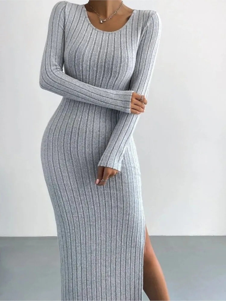 Autumn Winter Open Knitted Slit Women's Dress New Solid Color Long-sleeved Round Neck Sexy Slit Knitted Long Casual Comfortable