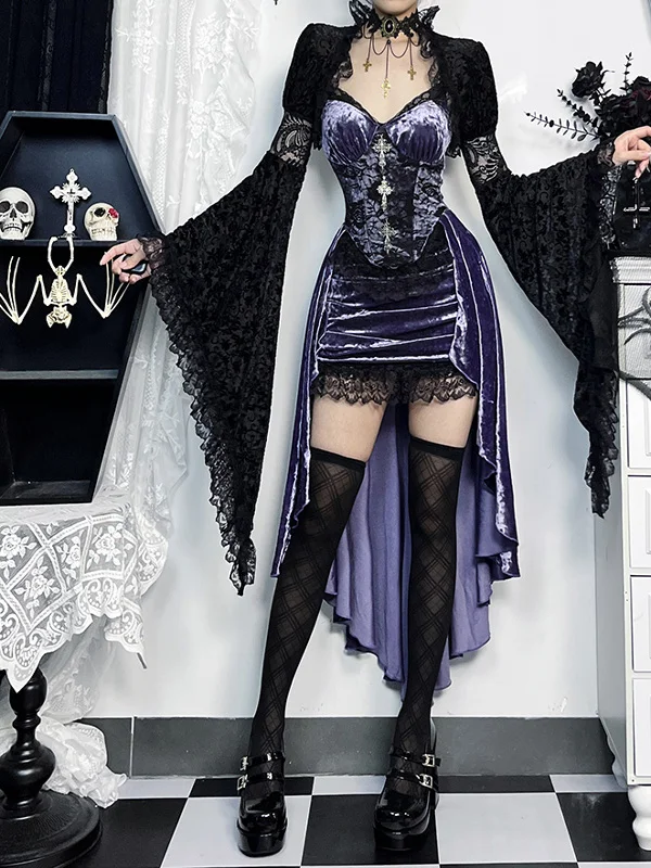 Gothic k Purple Spicy Girl Dr with awl Strap Long Sve V-Ne Midi Skirt for Young Women Casual Autumn Faion