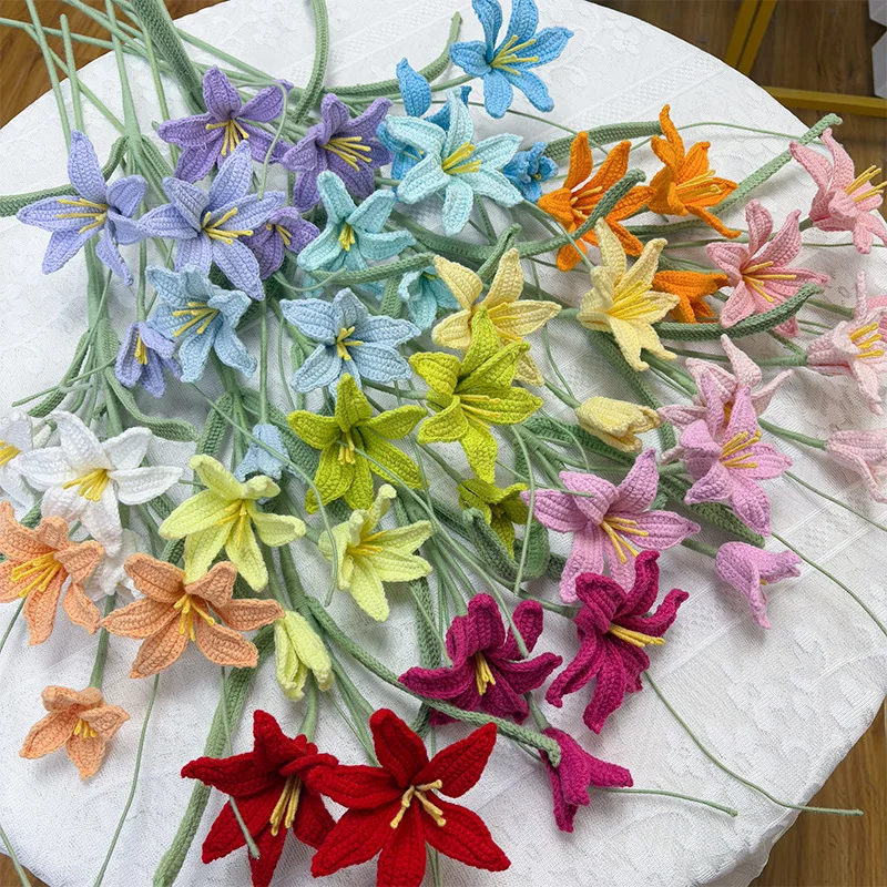 

1pc 3 Head Crochet Zephyr lily‌ Flower Cute Yarn Bouquet Handwoven Flower Creative Party Wedding Bouquet Table Decor Friend Gift
