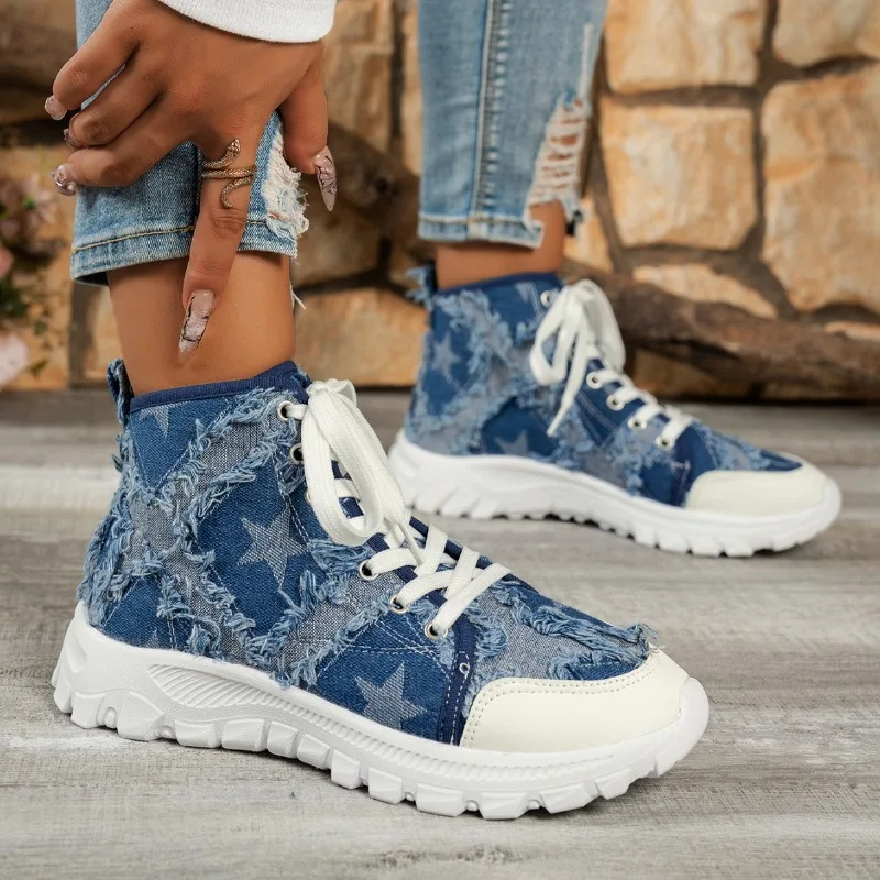 

Plus-size Casual Thick-soled Short Boots for Women 2026 Spring/Autumn New Lace-up Canvas Sportswear Boots for Women，36-43