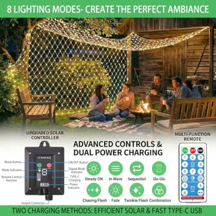 Solar Net Lights, 10x10ft Gazebo Net Lights Outdoor with 8 Modes, Solar and USB Powered Waterproof String Lights Clear Wire, Ch